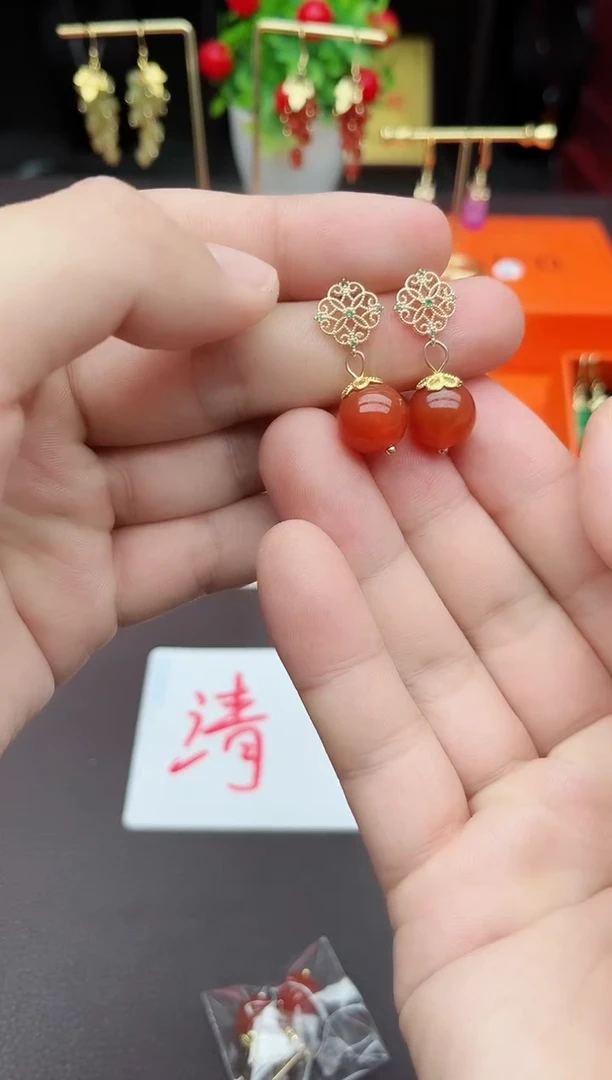 南红玛瑙银S925镶嵌耳饰710000