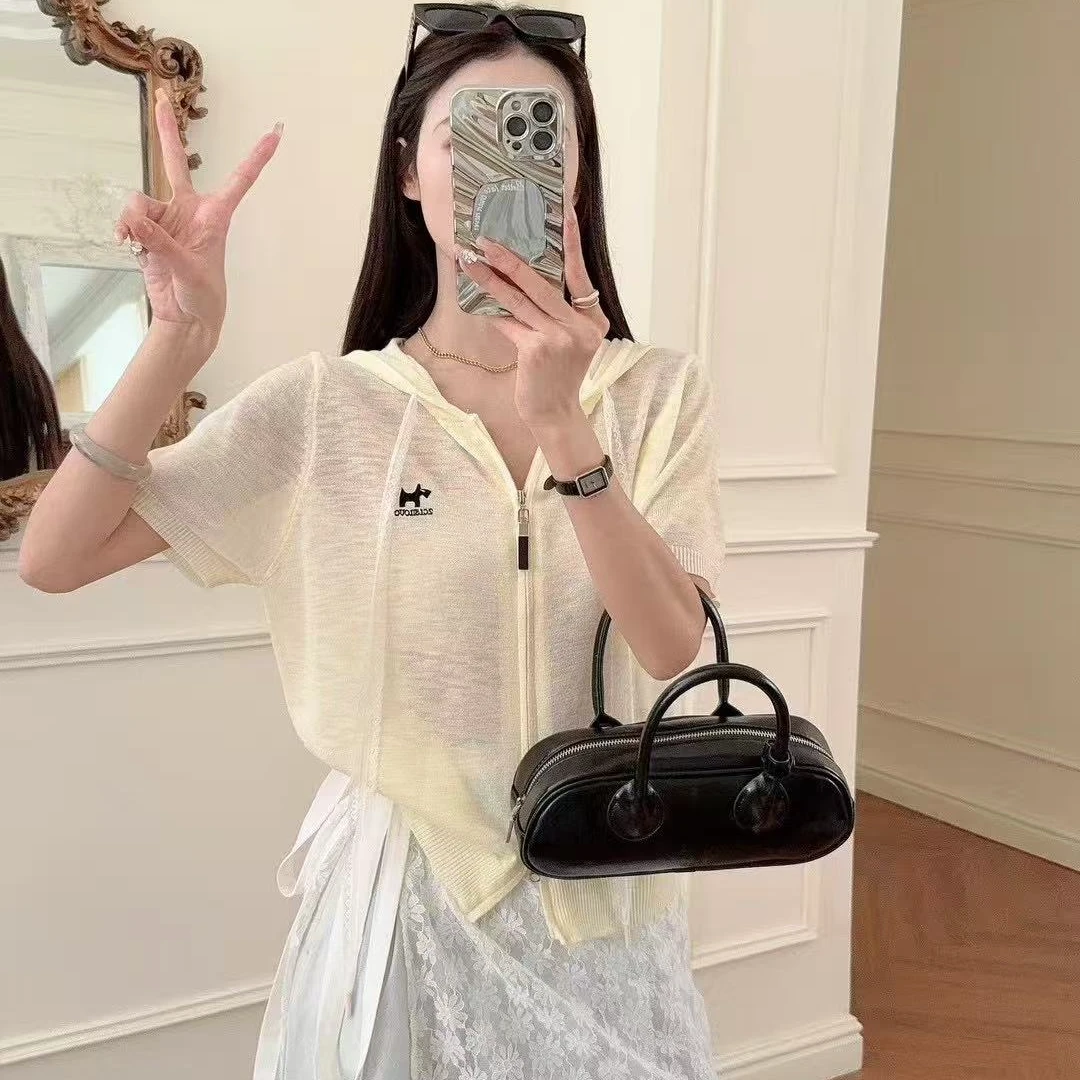 2025夏季新款宽松连帽针织开衫女装短袖拉链百搭薄款显瘦上衣C126