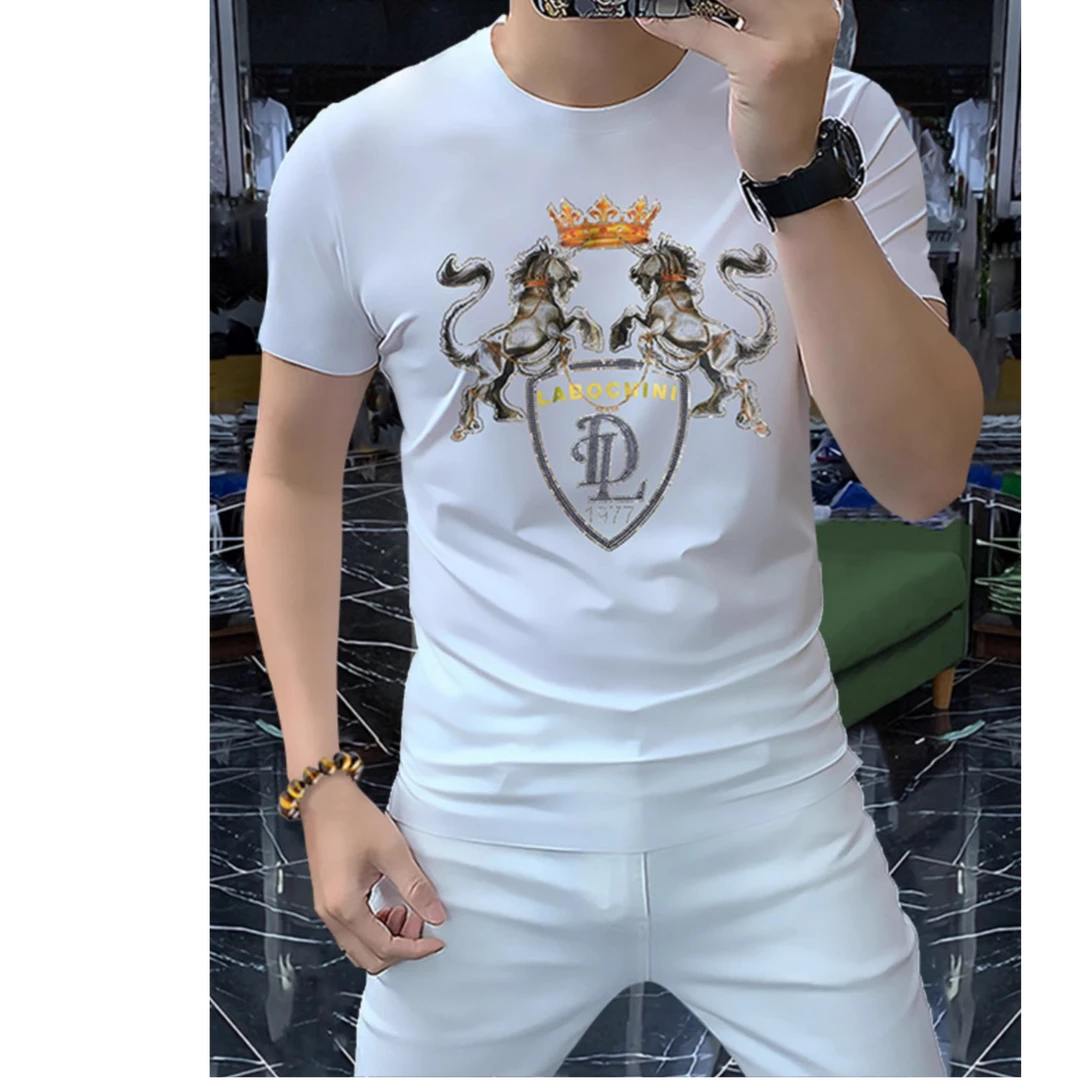 曼库帕娅男狮子烫钻男士短袖T恤 半袖圆领时尚潮流上衣体恤