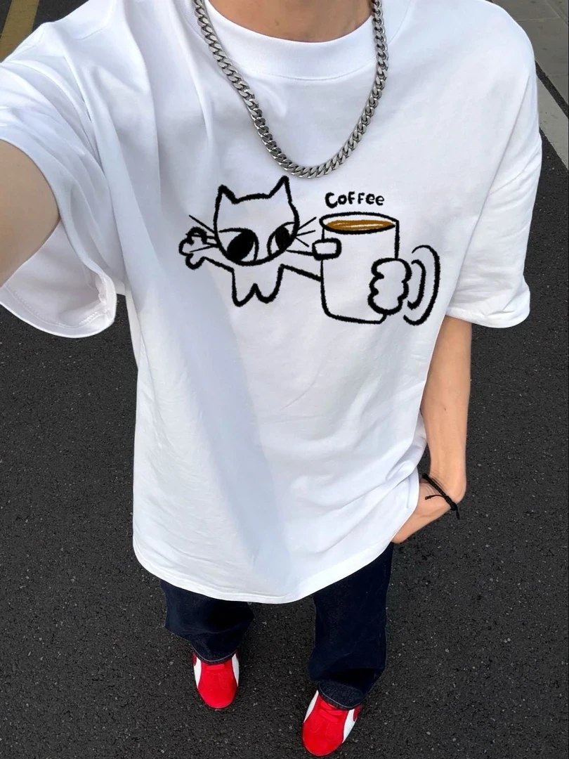 【重磅纯棉】夏季新款“咖啡猫”印花情侣装休闲宽松短袖T恤男女同款