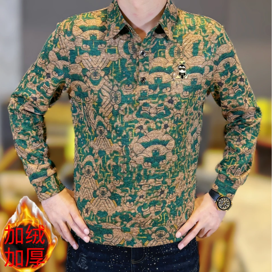 2025秋冬新款男士时尚弹力百搭休闲潮流图案翻领加绒加厚针织衫