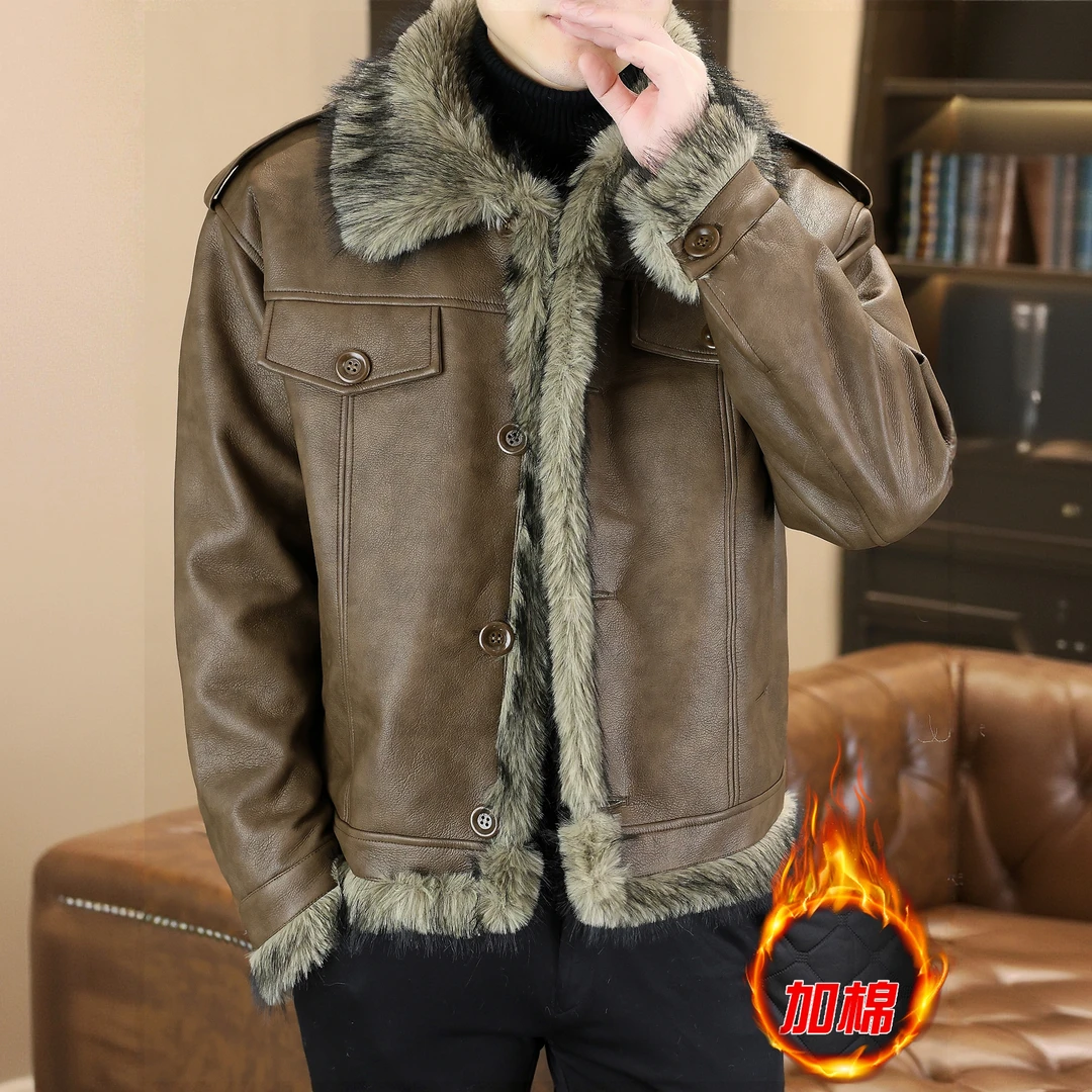 皮衣外套男士2025新款冬季休闲翻毛领机车夹克衫加厚保暖高端上衣