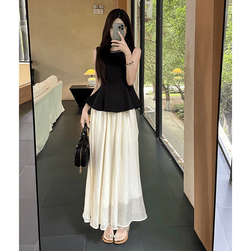 赫本风气质2025夏季新款重工钉珠上衣高级感纱裙小香风时尚两件套