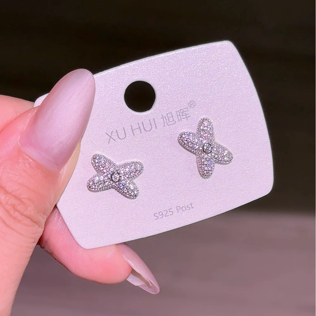 铜合金锆石耳饰 时尚小众设计感锆石交叉耳钉精致轻奢百搭耳饰