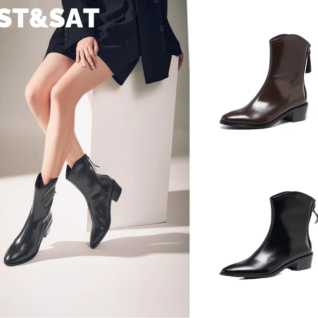 【V字骑士】星期六时装靴冬款粗跟尖头时尚百搭骑士短靴6643