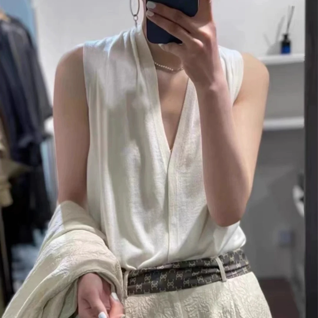 春夏精纺背心女法式暗扣V领薄款无袖上衣宽松时尚薄款挂脖T恤XZ83