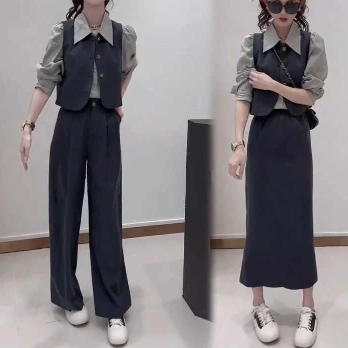 【现货】网红减龄套装女时尚洋气衬衫马甲阔腿裤气质小香风三件套