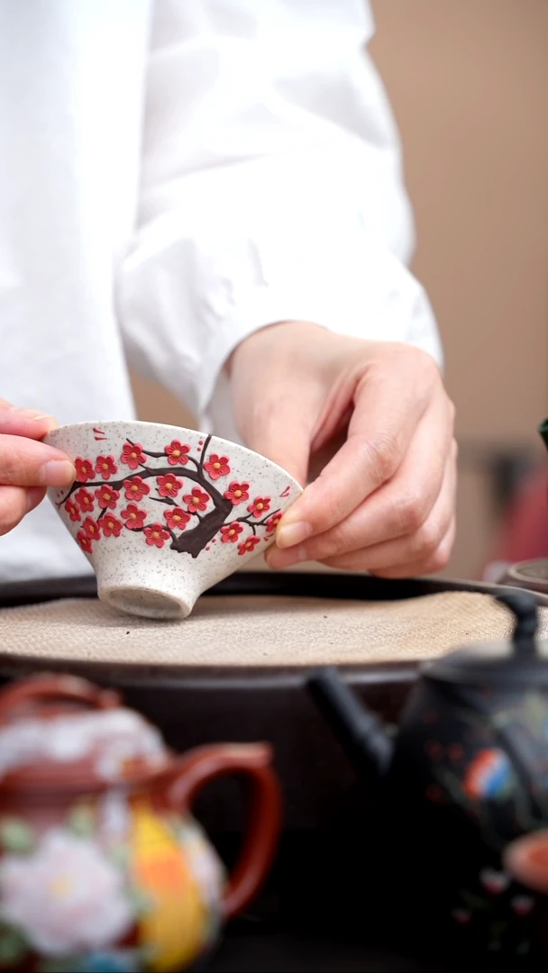 茶壶紫砂白玉段斗笠杯红梅