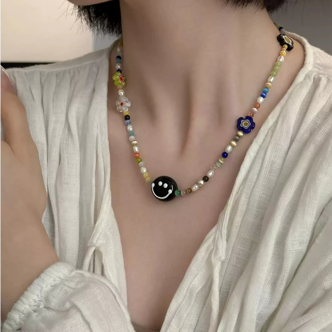 链子925银 N18449<秋梦> 黑色笑脸彩色花朵多巴胺彩豆豆项链