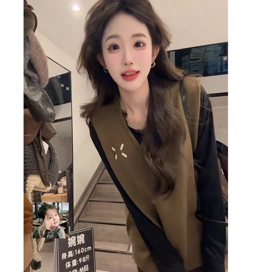 无袖手工纯色针织马甲四季通用网红百搭马夹V领