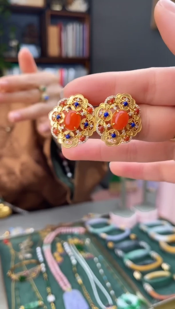 银S925镀金镶嵌南红玛瑙耳饰南红925银耳饰