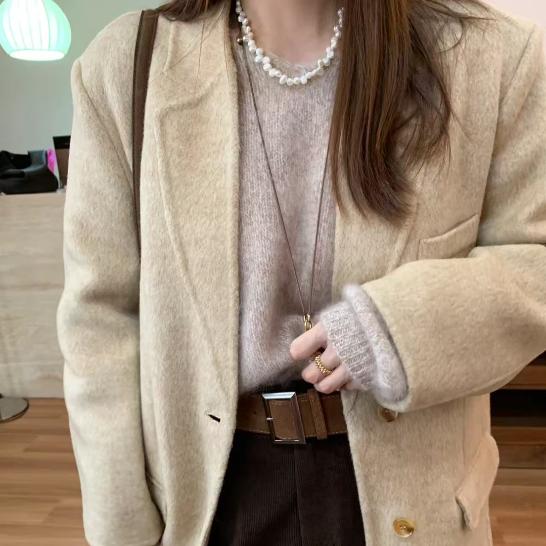 【花花菜】秋冬新品极简风休闲风宽松中长款双面尼西装大衣外套女