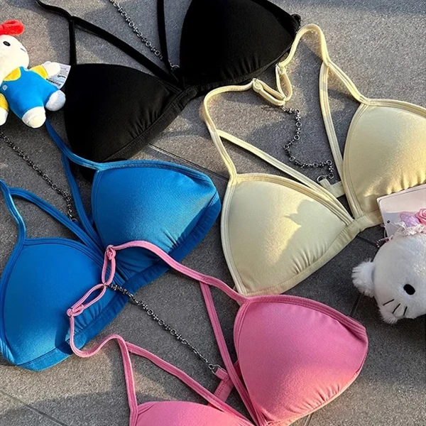 挂脖链条辣妹裹胸吊带纯欲性感夏日比基尼内搭打底设计感美背内衣