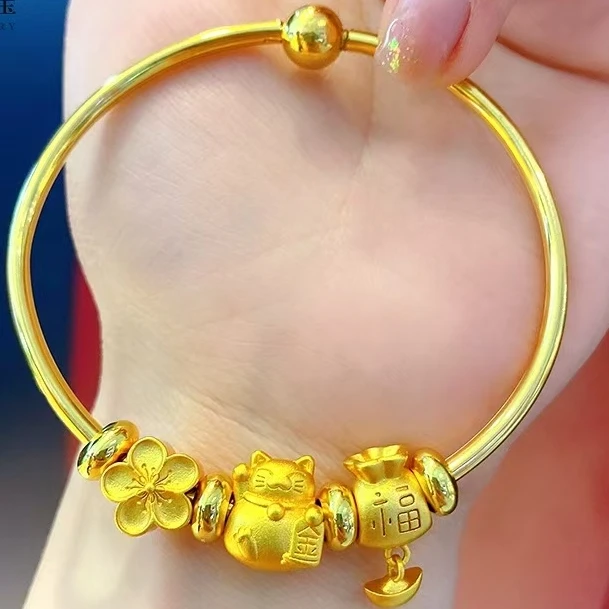 RTUP 铜合金手镯 穿珠光面可打开手镯女招财猫桃花福袋diy饰品
