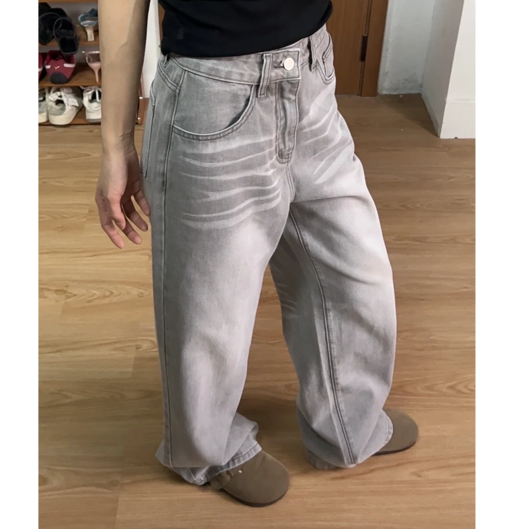 浅灰色牛仔裤女款爆款2025新款美式复古高腰宽松直筒阔腿拖地裤子