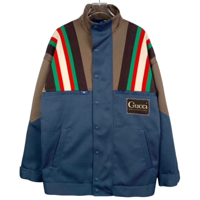 99新 GUCCI/古驰  logo条纹设计蓝色拉链夹克外套 44码 CS