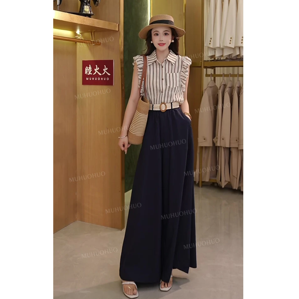 〈纪朵研〉0941条纹小飞袖衬衫+高腰阔腿裤气质两件套