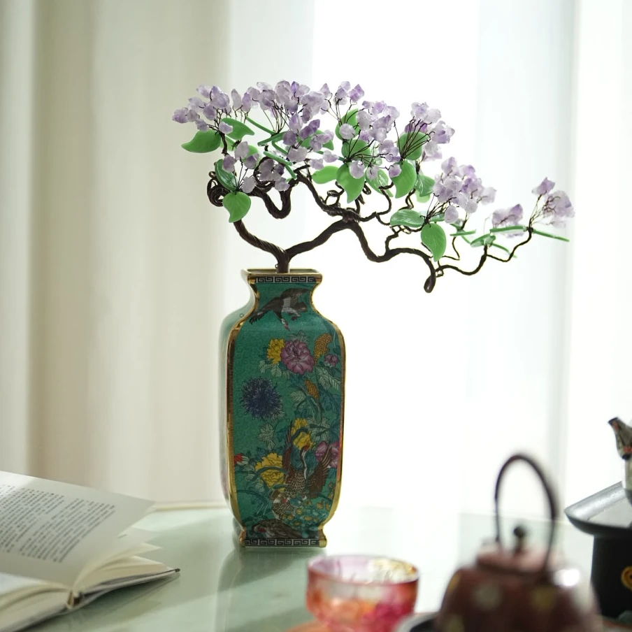 【奇居腾飞】奇居良品 紫水晶迎客松发财树招财树客厅装饰摆件