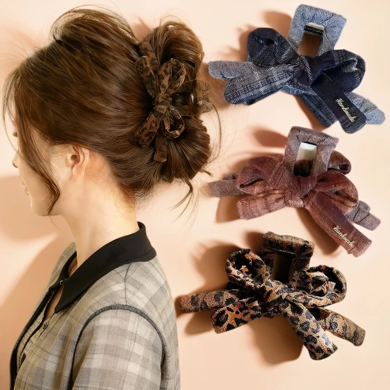 秋冬豹纹蝴蝶结抓夹鲨鱼夹气质复古脑勺韩版发夹百搭时尚网红法式