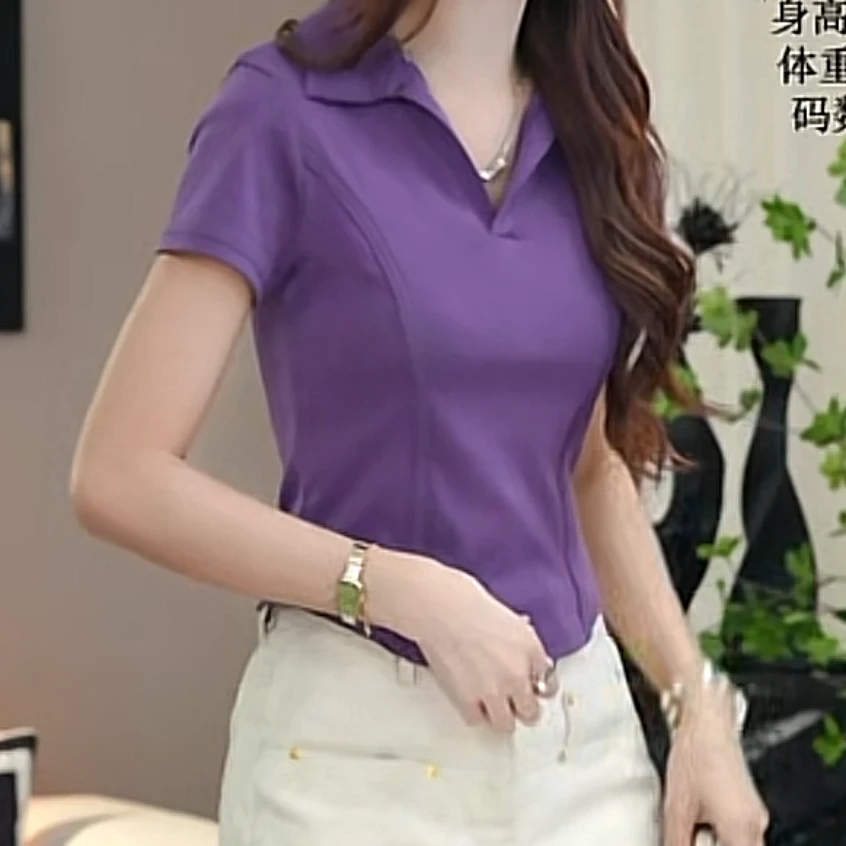 纯色POLO领正肩短袖T恤女2025夏季新款收腰显瘦短款鱼骨收腰上衣