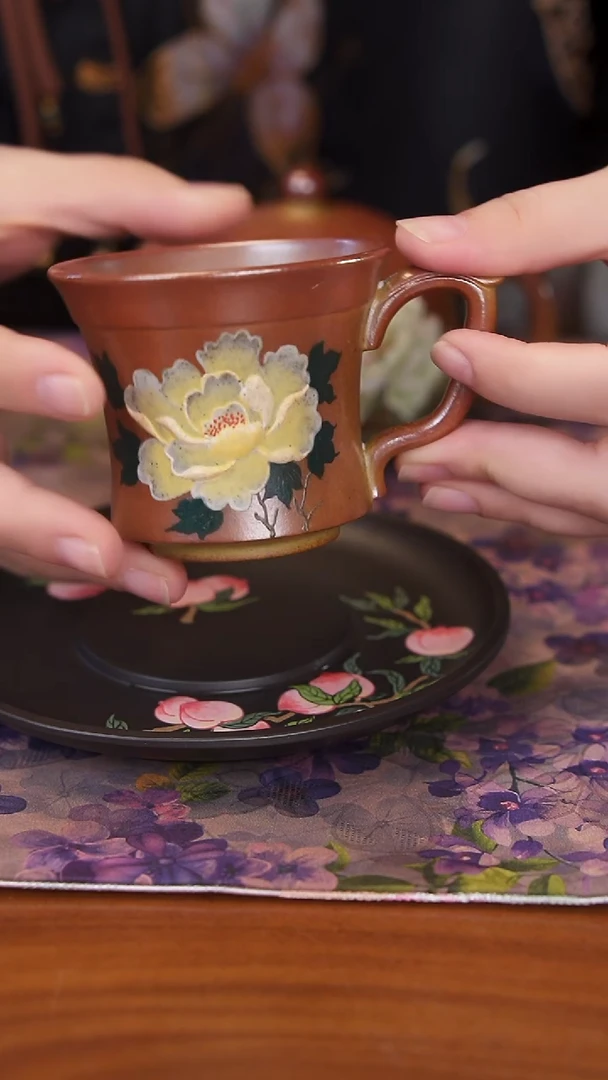 茶壶紫砂柴烧牡丹把杯