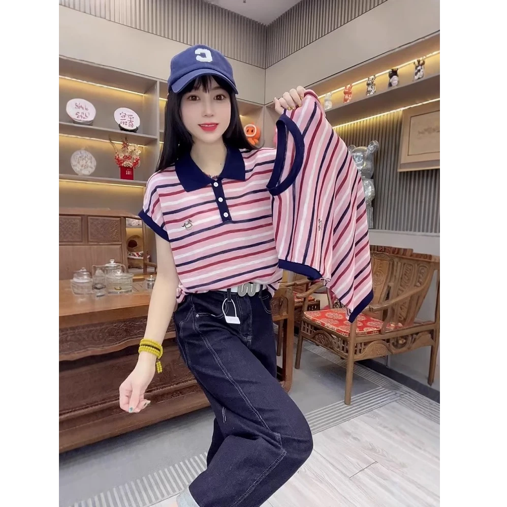欧货复古刺绣卡通撞色条纹短袖T恤女2025夏季宽松薄款针织衫上衣