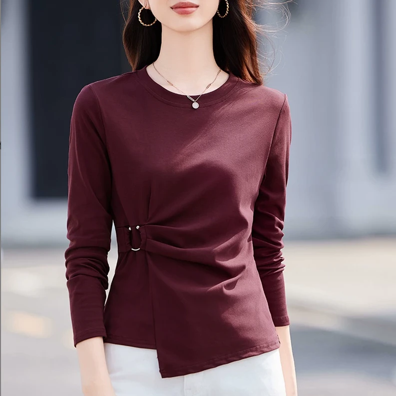 不规则褶皱收腰女士t恤2025春季薄款新款打底衫宽松洋气大码长袖