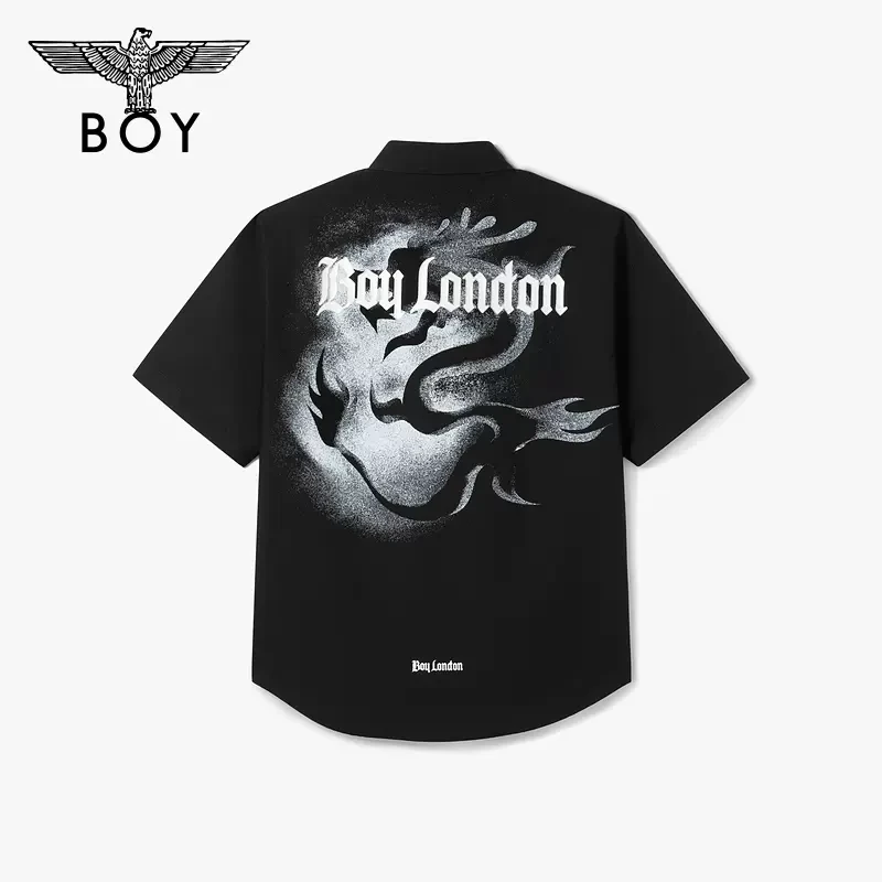 BOYDONLON潮牌短袖衬男女同款个性印花POLO领休闲黑色T恤N22006