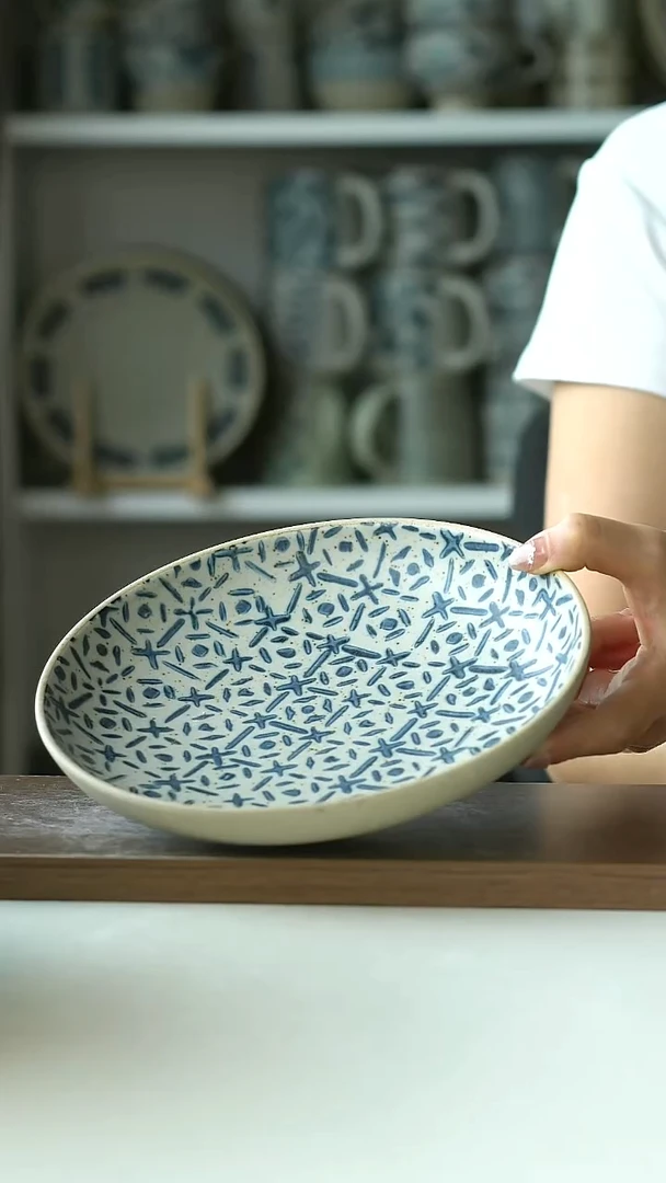 粗陶手绘十字绣深盘19cm@4-2@