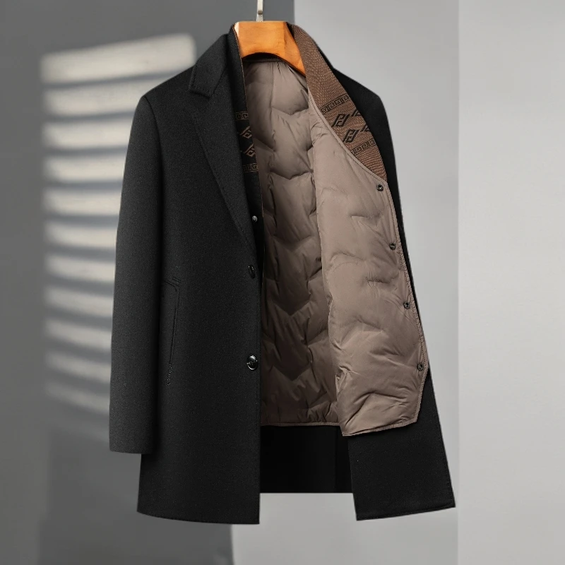 冬季大衣中长款毛呢大衣商务可拆卸内胆鹅绒呢大衣加厚保暖男装