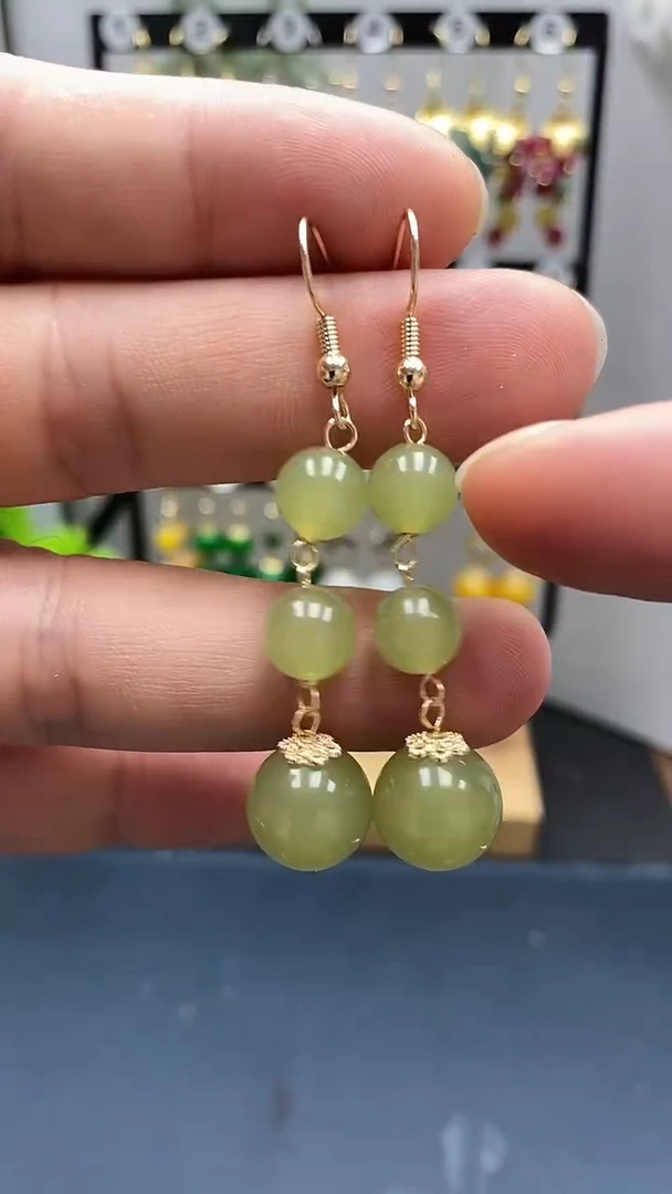 和田玉银S925镀金镶嵌耳饰尺寸12mm连珠02