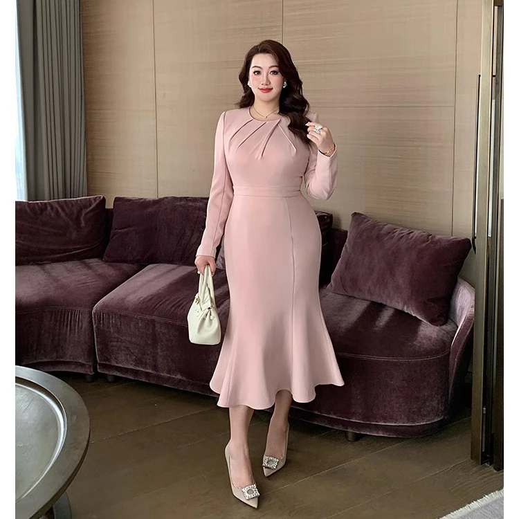 GLEC大码女装2025春装新款法式复古压褶设计感时尚优雅鱼尾连衣裙