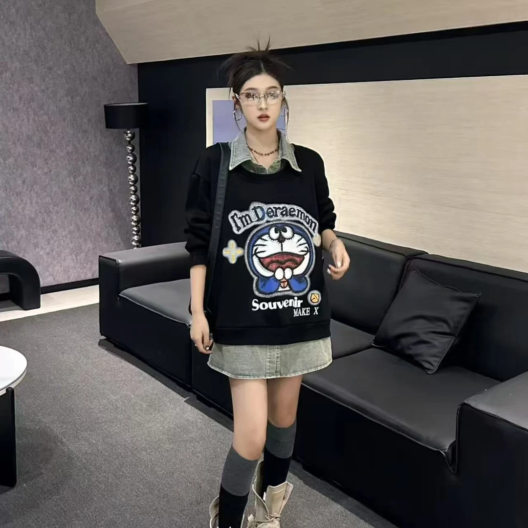 D8291遮肉秋新款时尚休闲T恤女韩版拼接牛仔叮当猫卡通上衣