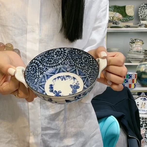 新福利五【单支】日本进口有田烧章鱼唐草双耳碗13.2cm