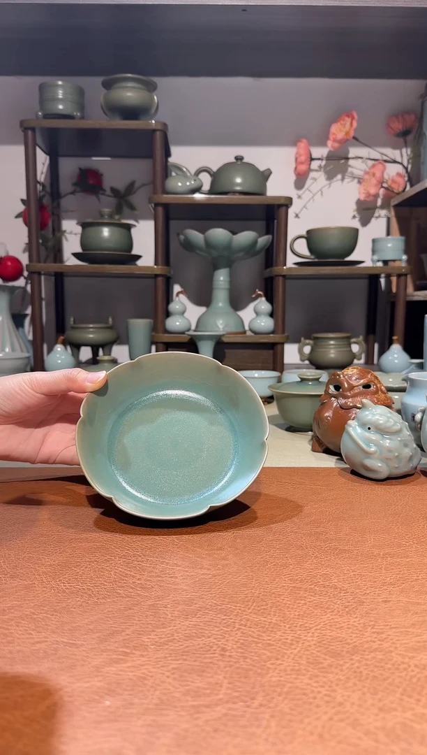 杯子瓷纯柴烧 全手花口洗 笔洗壶承果盘碗托 青绿釉