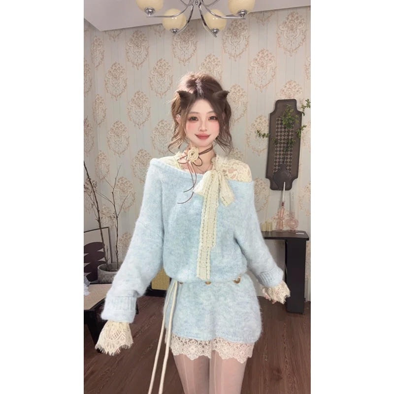｛初雪岛屿｝蓝色斜肩毛衣女秋冬款长袖 露肩辣妹甜美风宽松慵懒