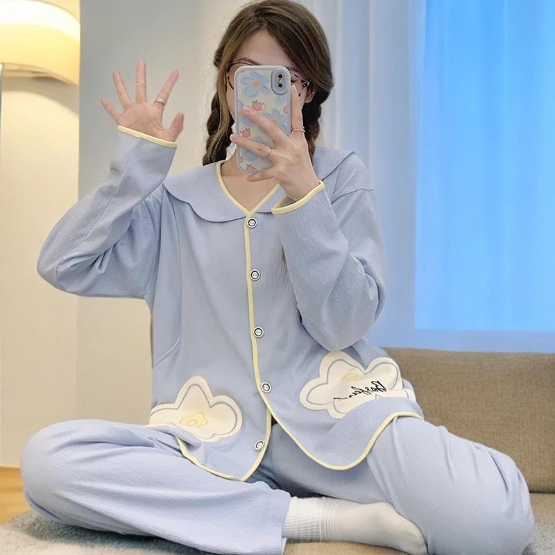 大码月子服产后纯棉产妇哺乳喂奶孕妇睡衣孕期专用春秋家居服套装