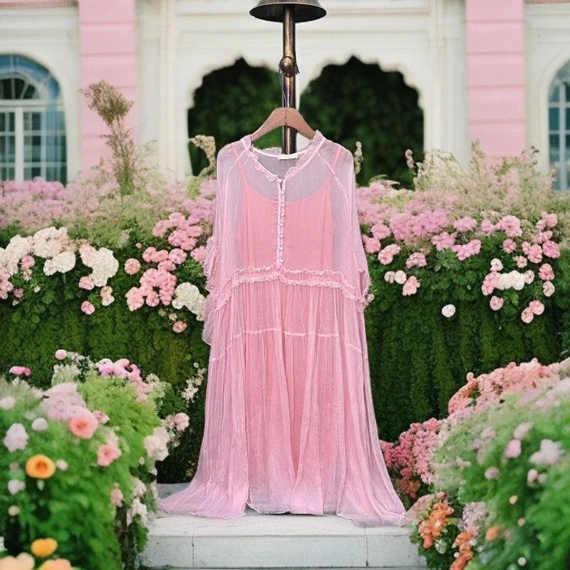 golasi/古莱絲2025年夏季新款纯色气质粉色仙气真丝连衣裙22926-1