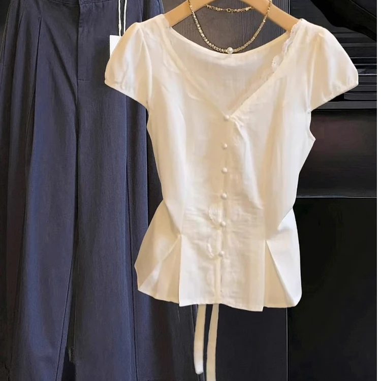 法式蕾丝花边V领短袖白色衬衫女夏季后背蝴蝶结绑带修身显瘦上衣.