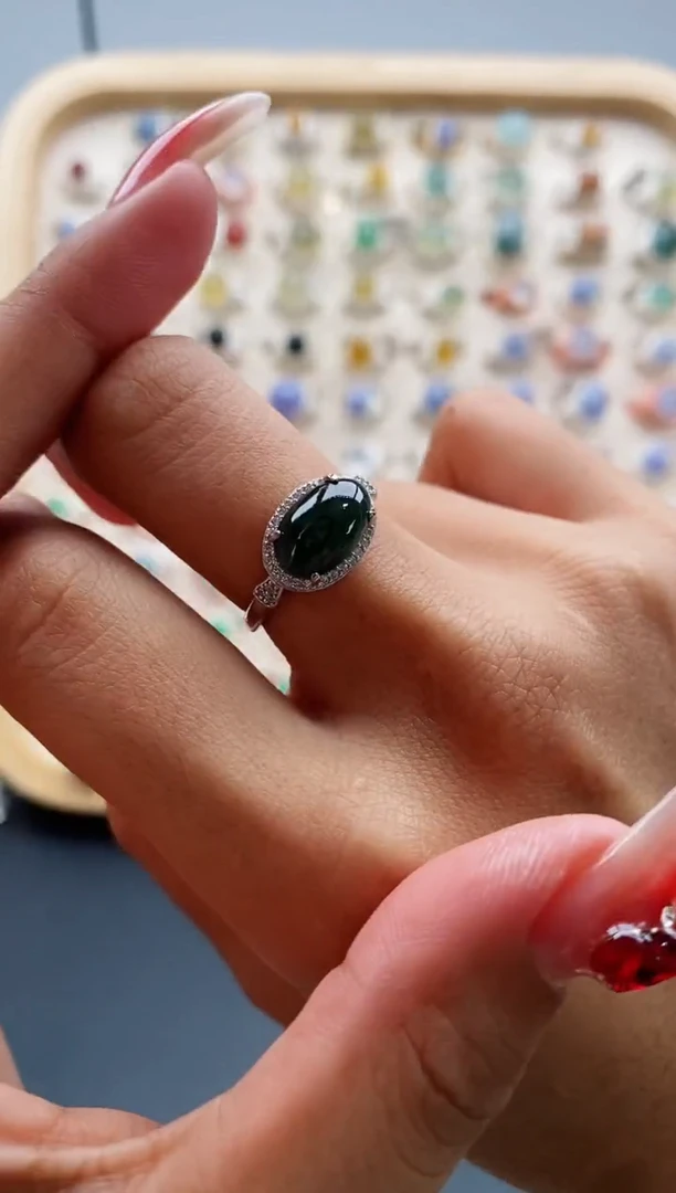 【闪购商品】翡翠戒指银S925镶嵌缅甸天然A货翡翠222 7+1