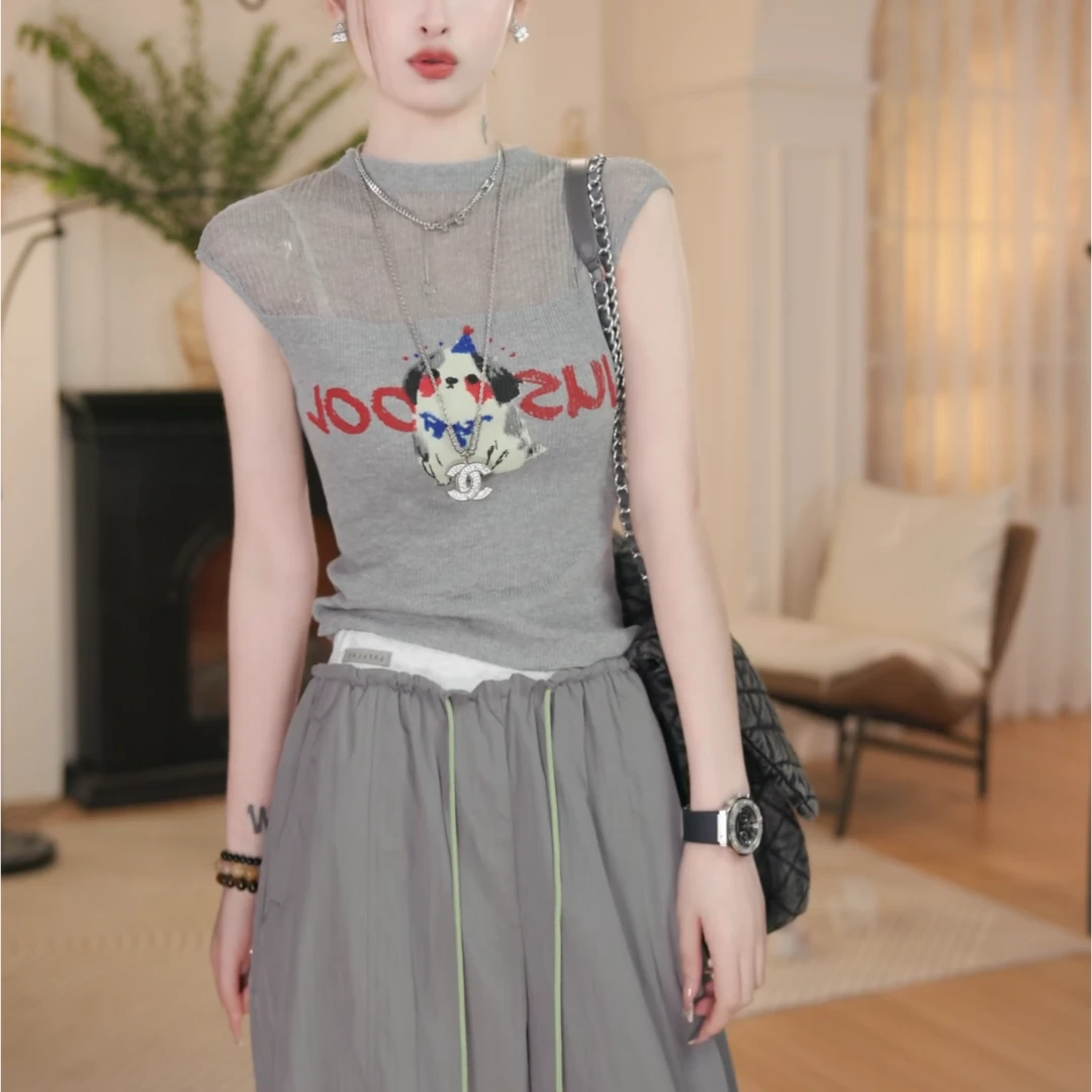 2025夏季新款镂空无袖针织衫显瘦修身百搭简约T桖女LK2503901