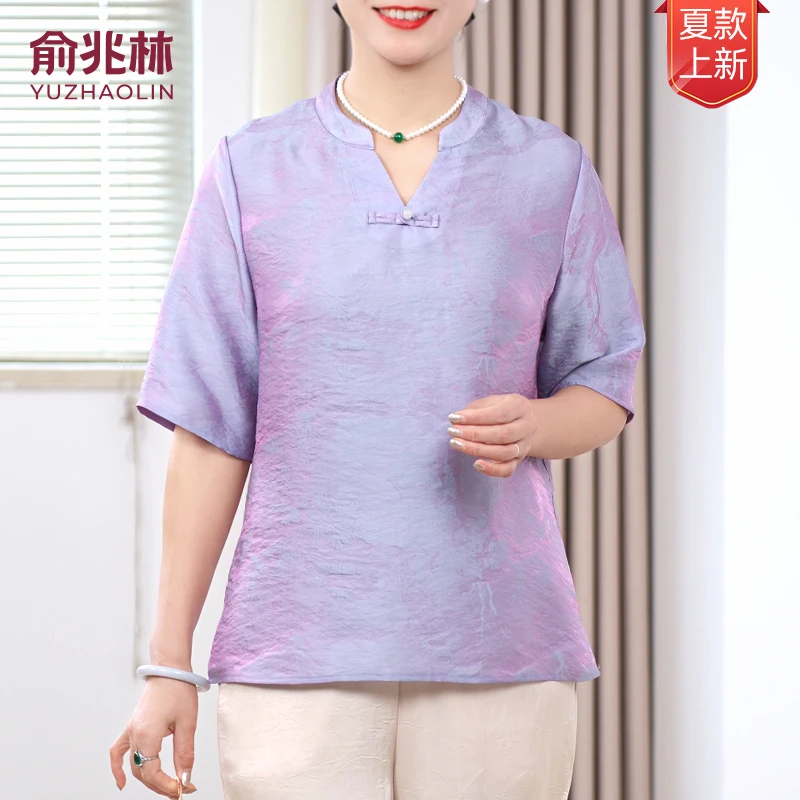 俞兆林25年新款宽松型小v领气质洋气中老年女装妈妈装中国风休闲