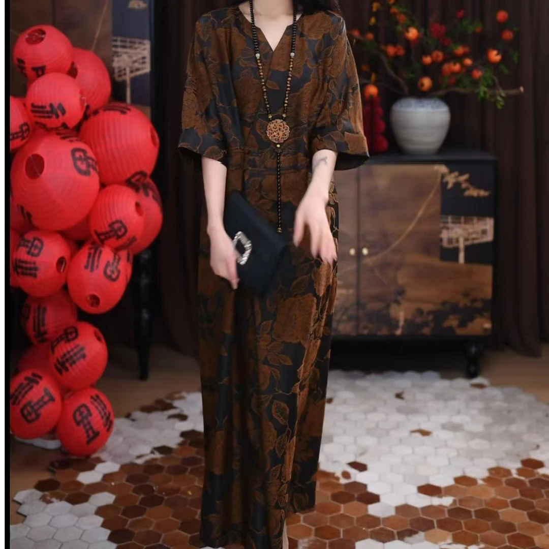 【北潇】香云纱腔调设计感四季可穿印花V领春夏季百搭国风连衣裙