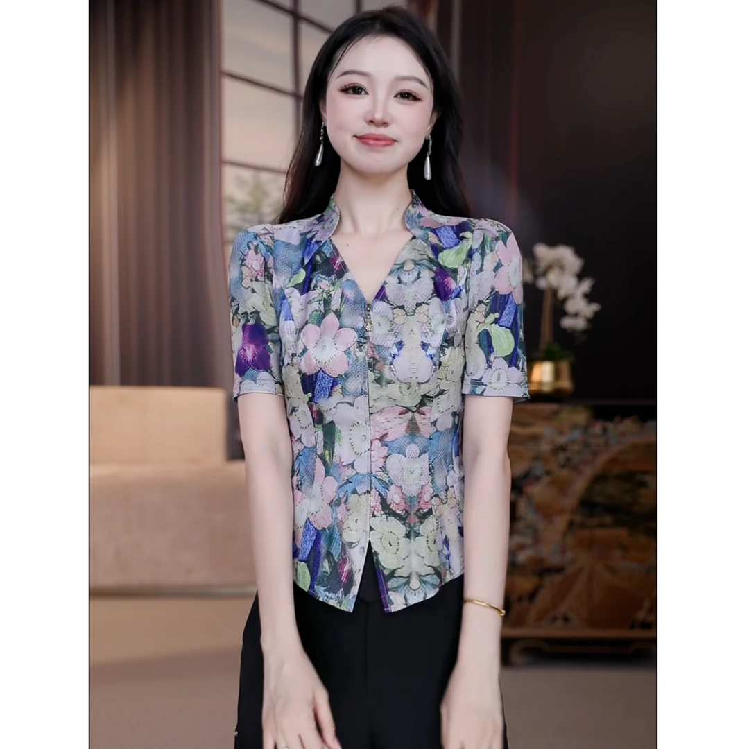 SUSSI/古色【水墨青花】前V形原身立领襟装盖齿拉链收腰上衣碎花