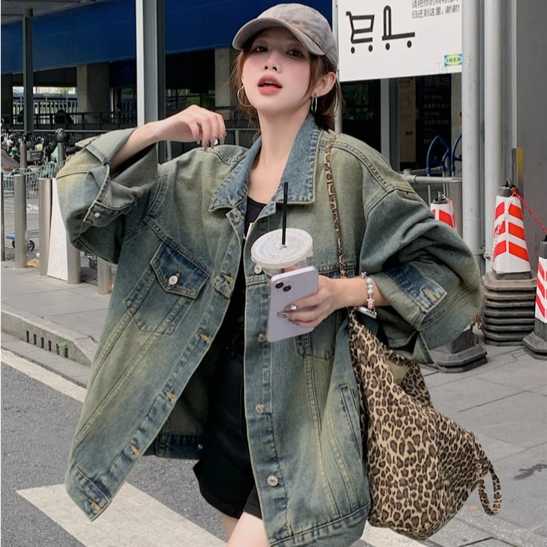 复古街头潮牌做旧水洗牛仔外套女宽松休闲长袖夹克上衣