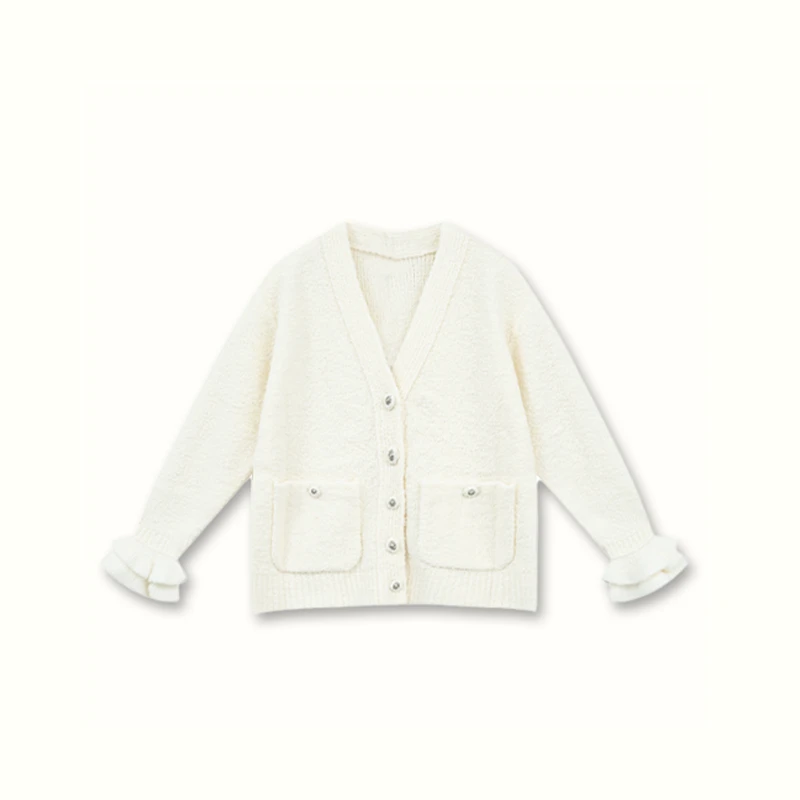 【心头爱】 早春小香24k开衫女双层荷叶边袖口羊毛圈圈纱外套