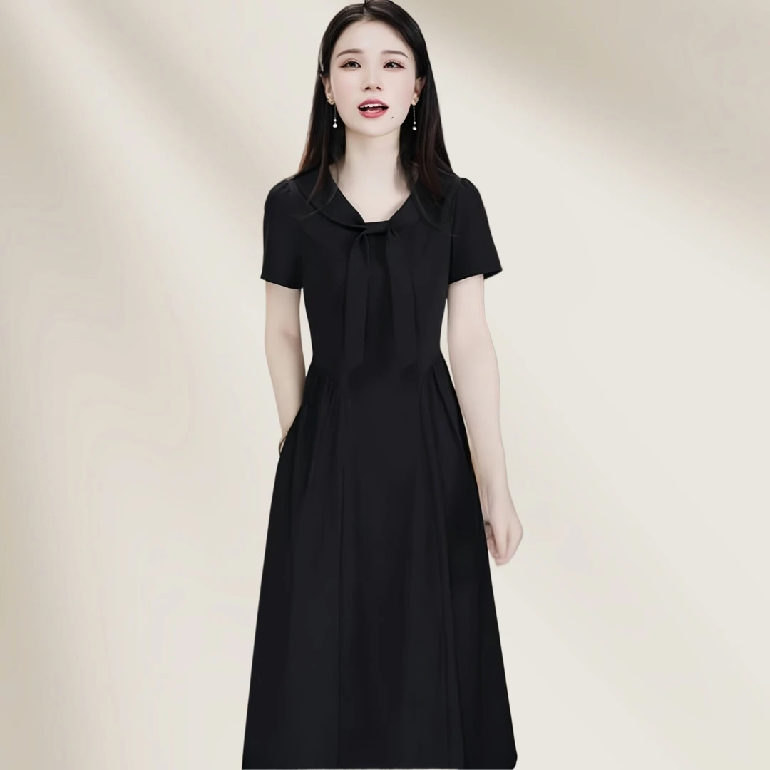 高档黑色连衣裙女爆款夏季新款显瘦妈妈女款女士中长款裙子