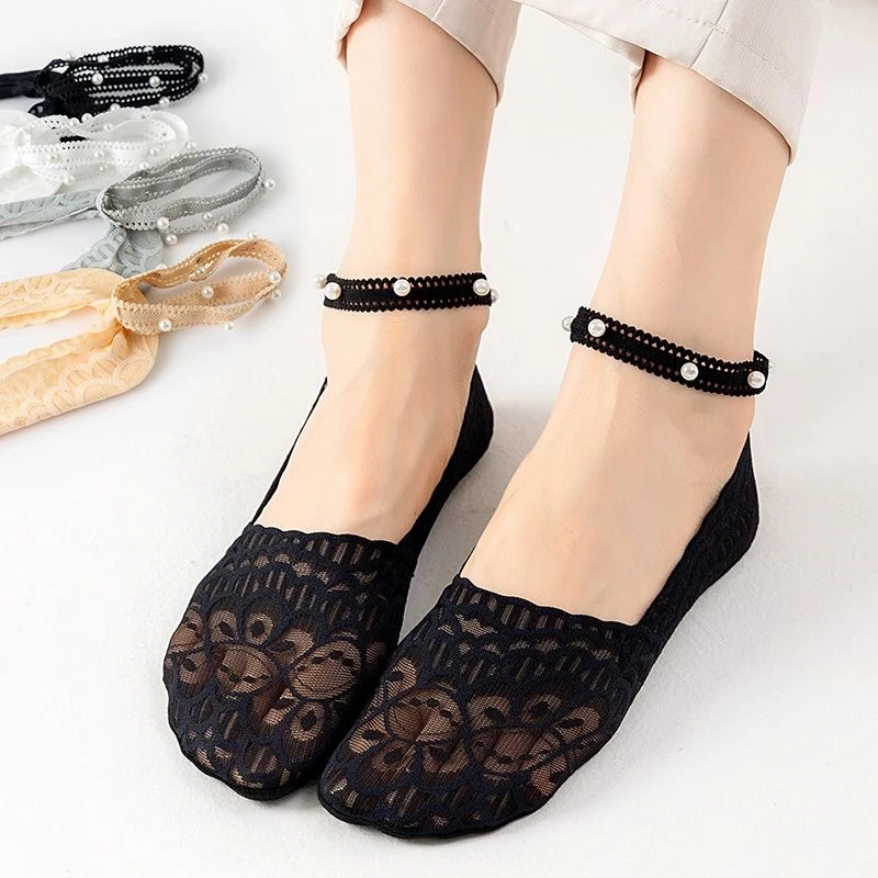 孔雀蕾丝珠珠袜~夏季新款休闲棉袜不掉跟透气女袜脚链蕾丝花边袜