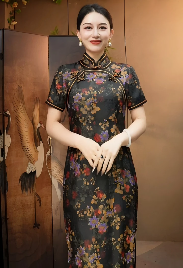 断码青no退不补差/出水芙蓉桑蚕丝短袖气质国风旗袍（有里后拉链