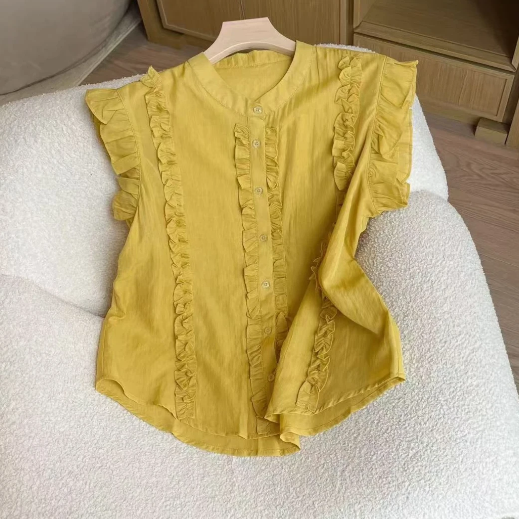 宽松木耳边单排扣减龄小衫韩版时尚2025夏季新款休闲透气百搭上衣